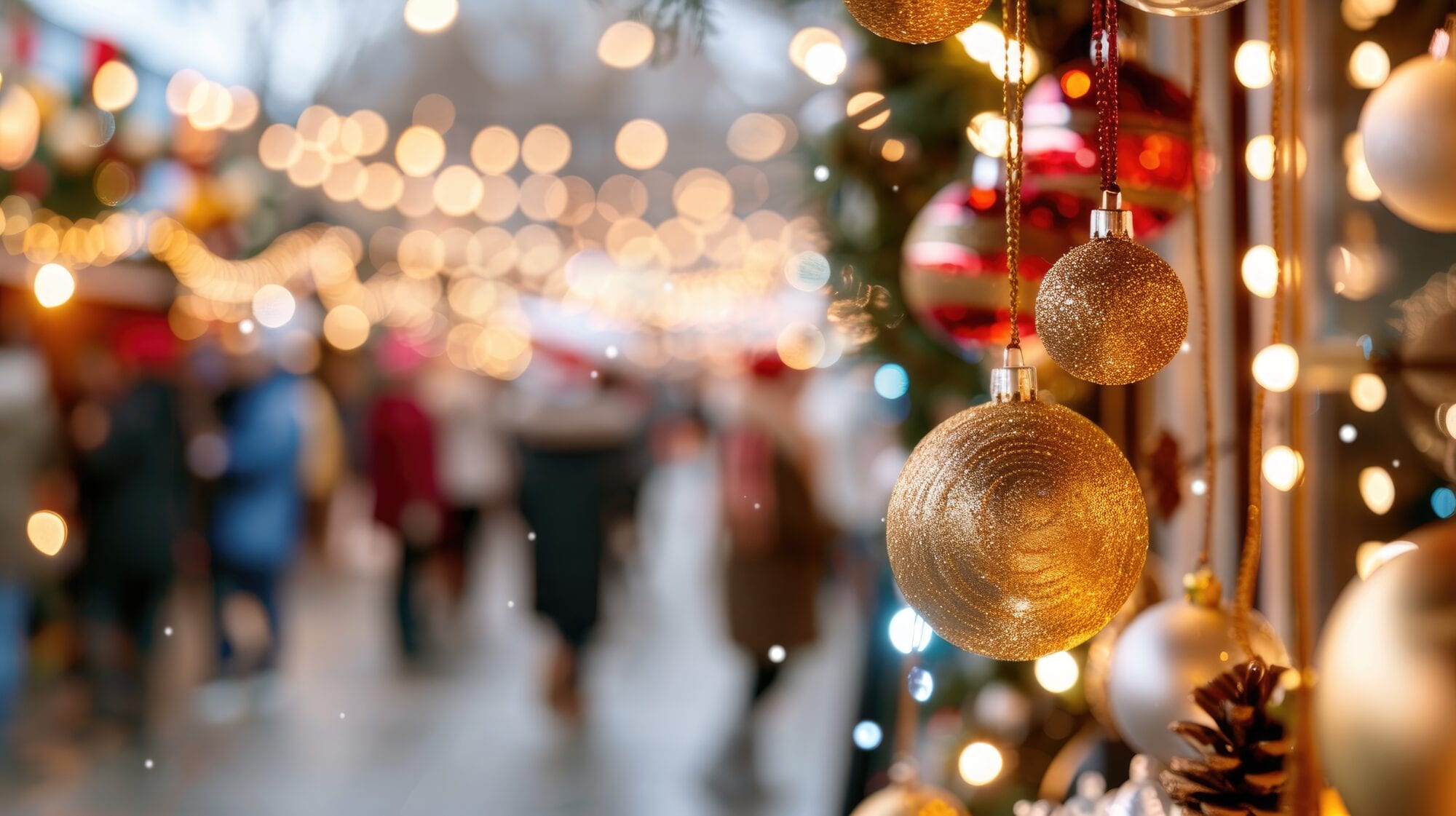 Cheerful Christmas market with decorated stalls, twinkling lights, and festive crowds
